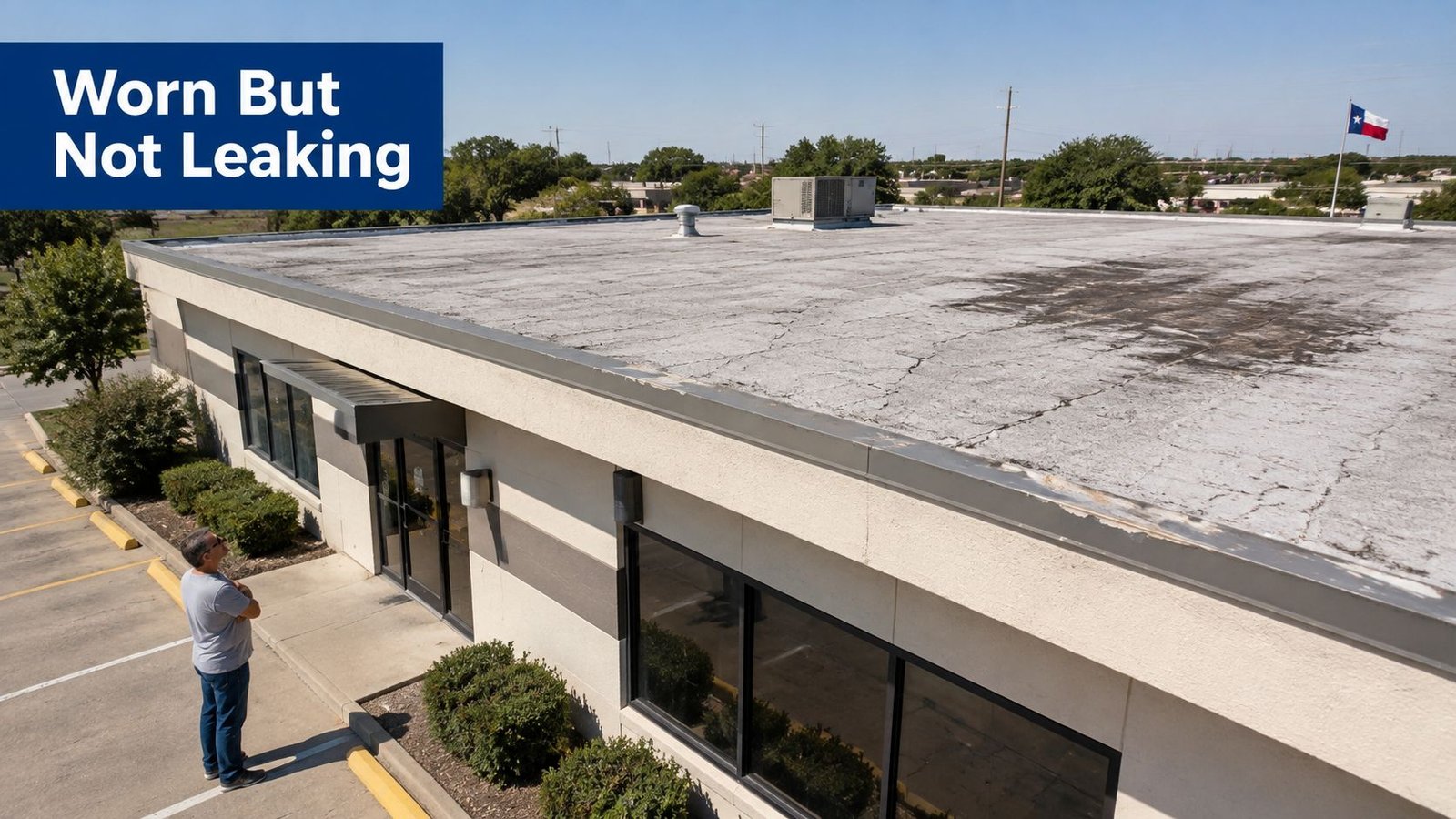 A man observing the worn surface of a flat commercial building roof from the parking lot below.
