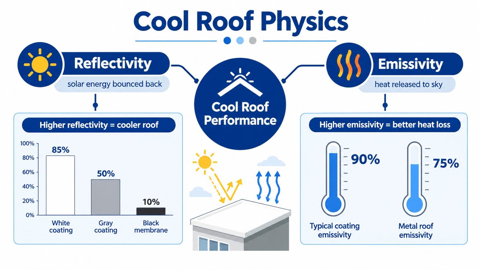 An infographic showing the physics behind cool roofs including solar reflectivity and thermal emissivity percentages.
