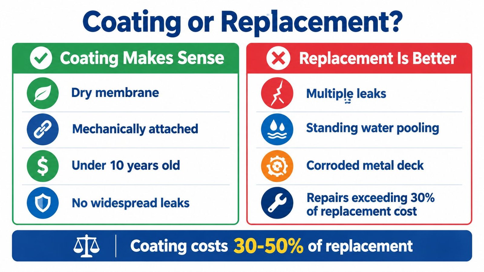 A comparison chart showing when to choose roof coating versus roof replacement for commercial buildings.