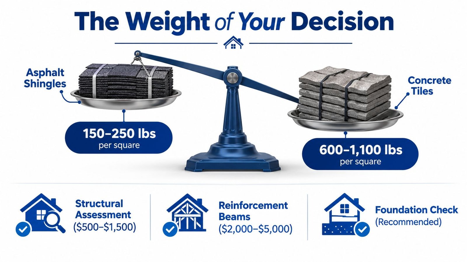 A comparison showing the weight difference between asphalt shingles and concrete tiles for roofing projects.