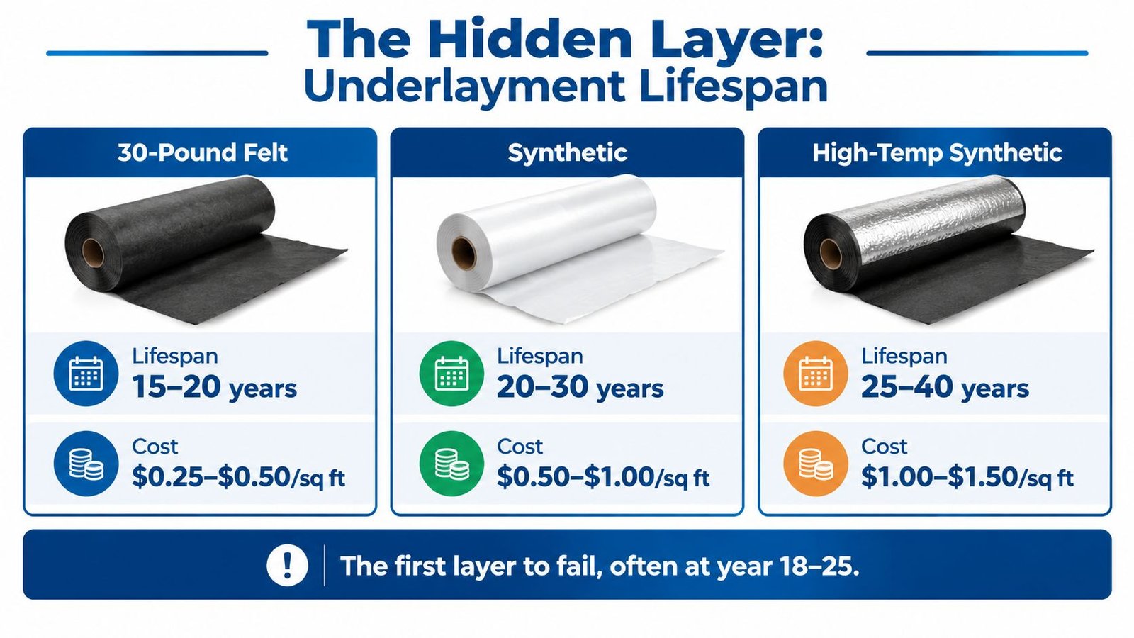 A comparison chart showing the lifespan and cost of different roofing underlayment materials like felt and synthetic.