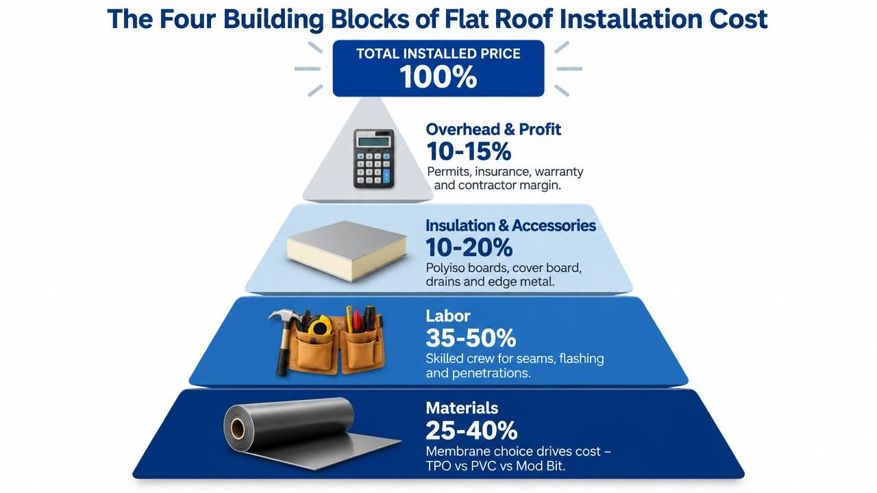 A diagram illustrating the breakdown of flat roof installation costs divided into materials, labor, insulation, and overhead.