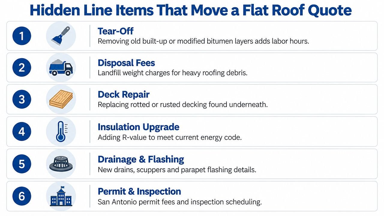 A list of six hidden line items that affect the final cost of a flat roof project.