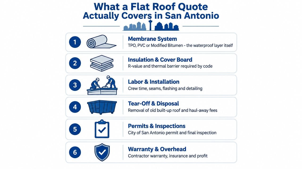 A list of six components included in a flat roof installation quote in San Antonio, Texas.