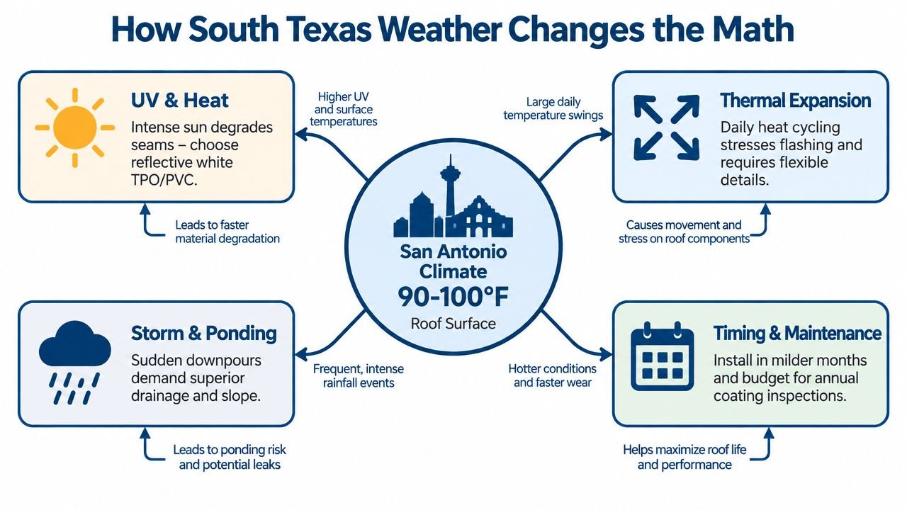 A diagram explaining how San Antonio climate factors affect roof installation, maintenance, and material selection.