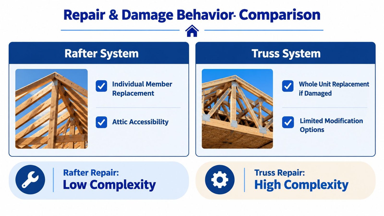 A comparison chart showing the differences in repair and damage behavior between rafter and truss roof systems.