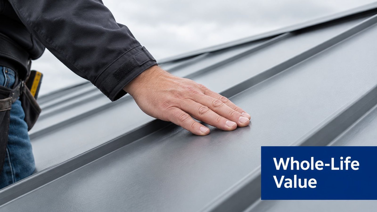 A close-up view of a professional construction worker touching a durable metal roof surface outdoors.