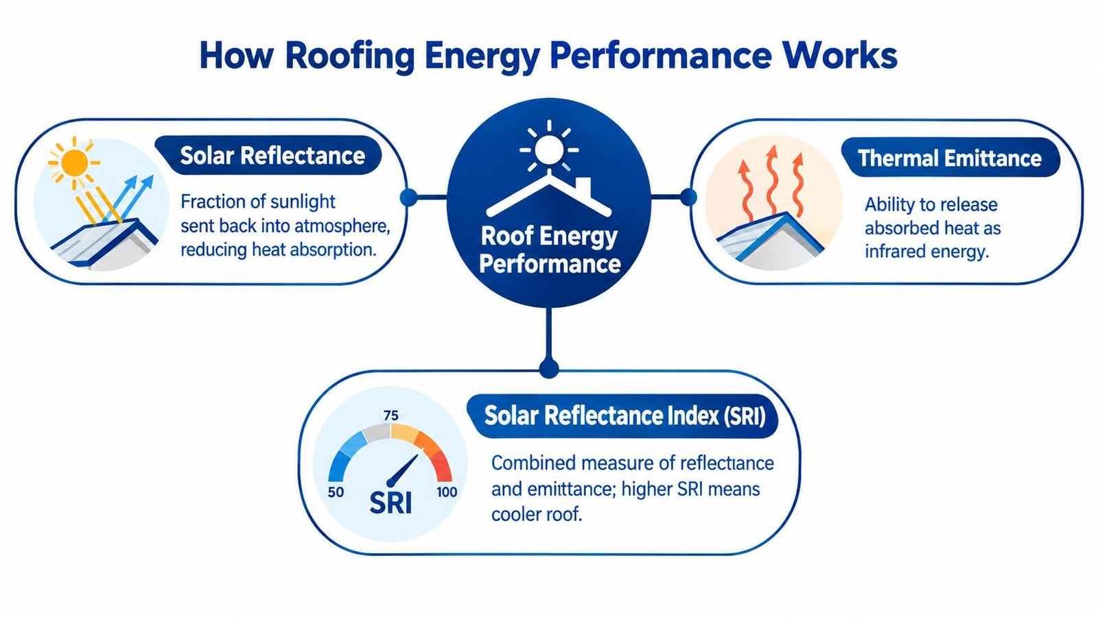 A diagram explaining roof energy performance through solar reflectance, thermal emittance, and the solar reflectance index.