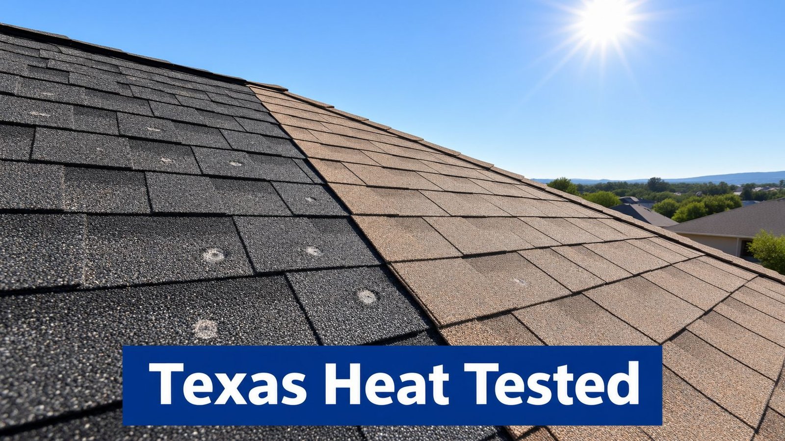 A split view showing two types of asphalt roof shingles under a bright, sunny Texas sky.