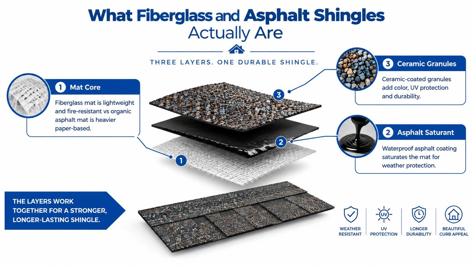 A detailed infographic showing the three layers of a fiberglass and asphalt shingle for roofing.
