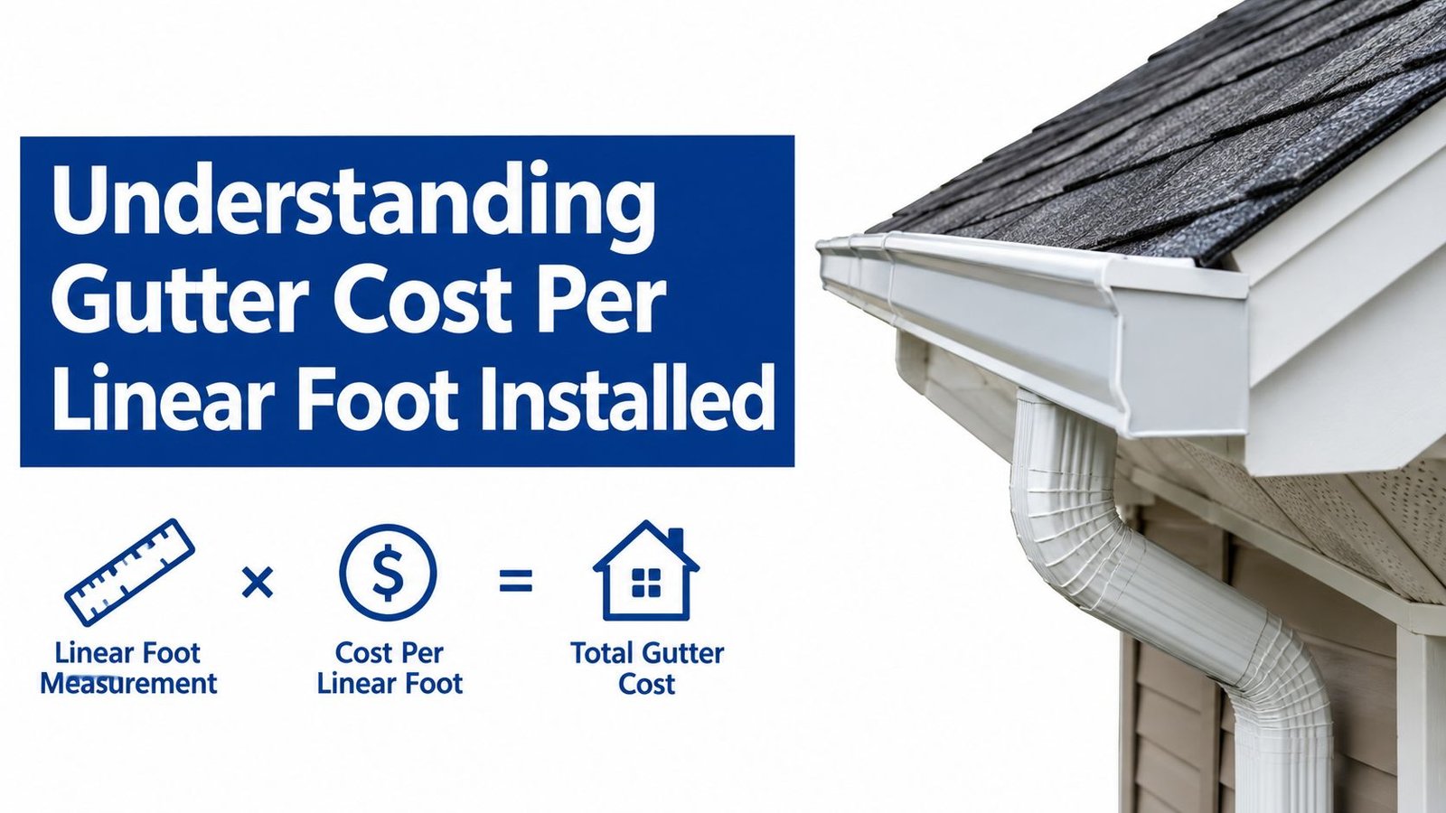 A diagram showing the calculation formula for gutter cost per linear foot installed with an image of gutters.