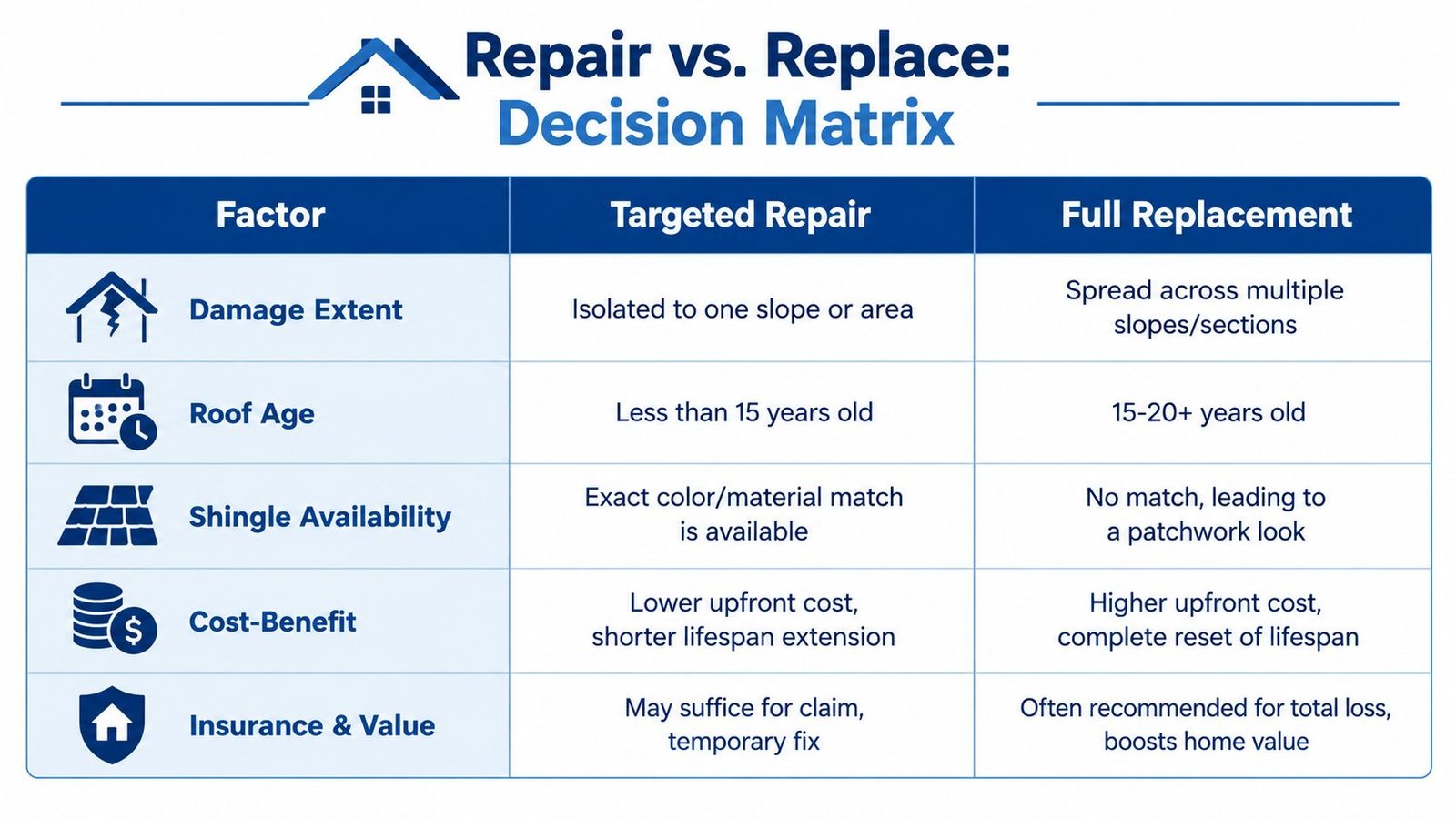 A decision matrix comparing targeted roof repair versus full replacement based on damage, age, and cost.