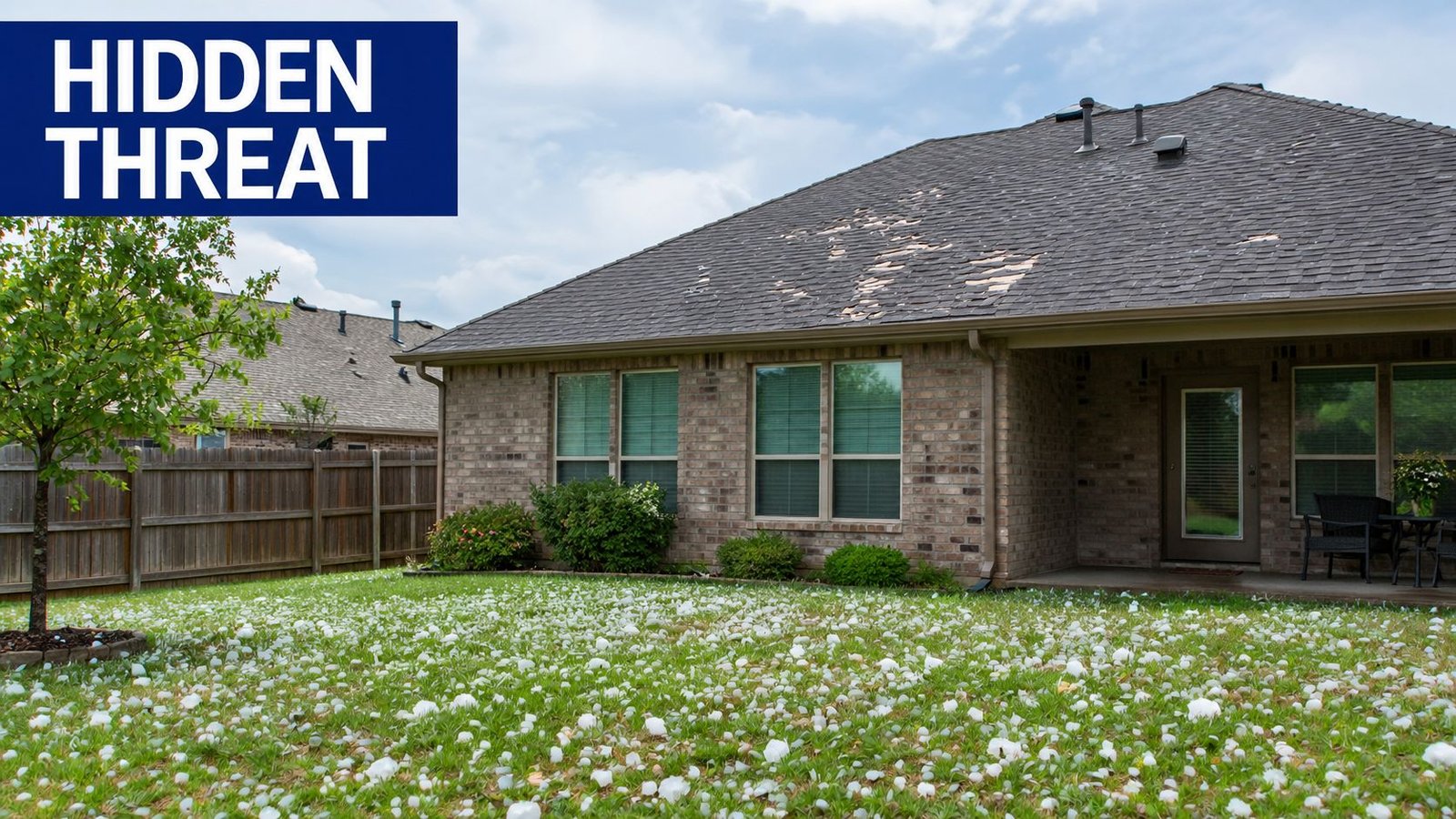 A house lawn covered in large hail stones with visible damage to the asphalt roof shingles above.
