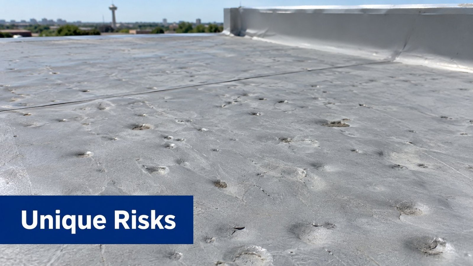 A close-up view of a flat commercial roof showing significant impact damage caused by heavy hail stones.