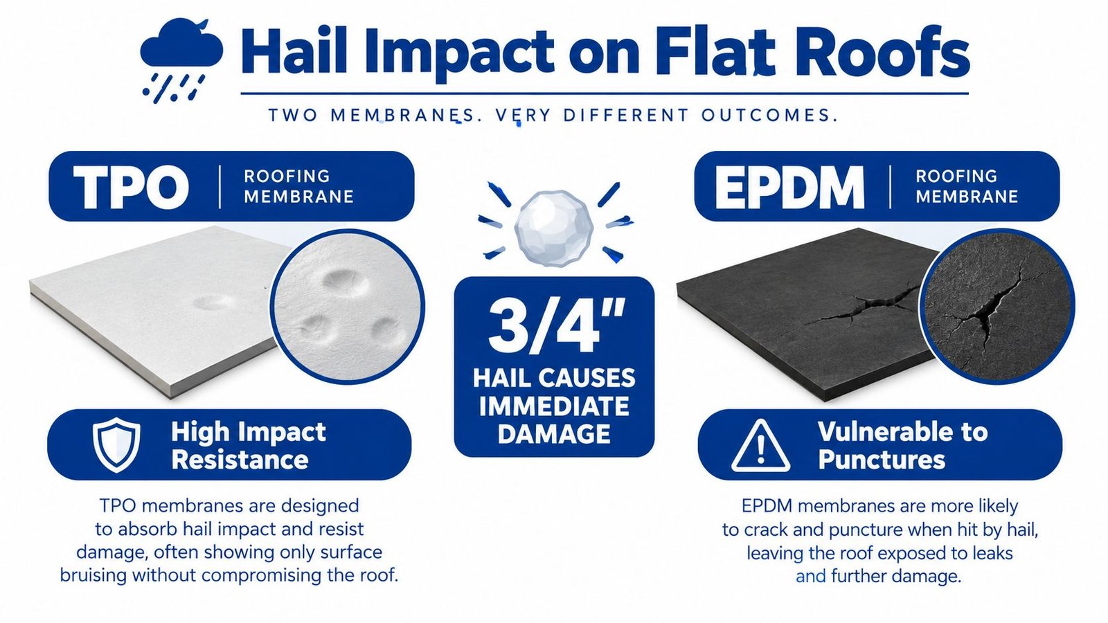 A comparison graphic showing TPO roofing resistant to hail versus EPDM roofing vulnerable to punctures.