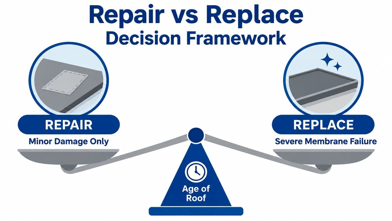 A decision framework graphic illustrating the choice between repairing or replacing a flat roof membrane.