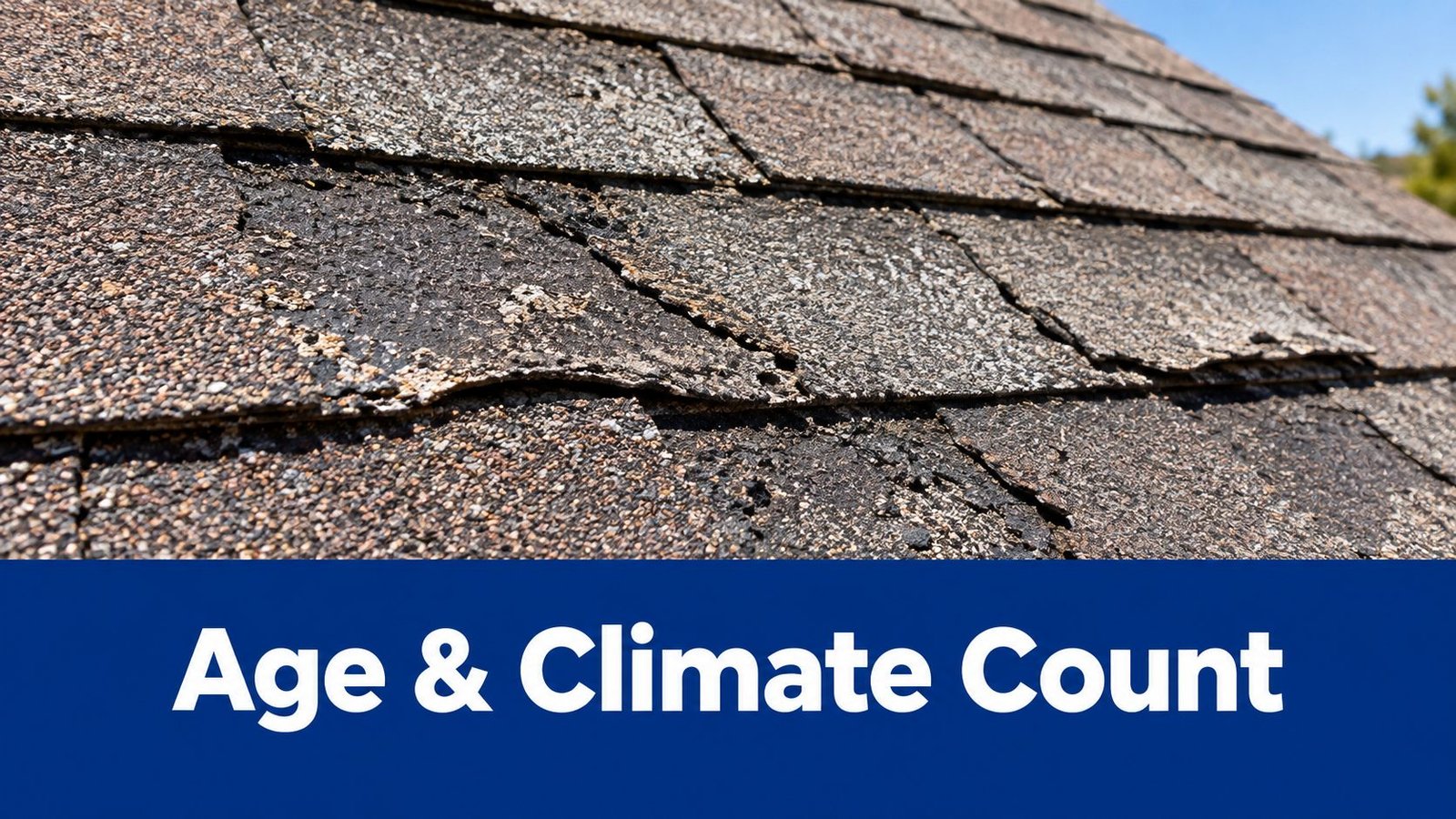 A close-up view of weathered, aging asphalt shingles on a residential roof showing signs of wear