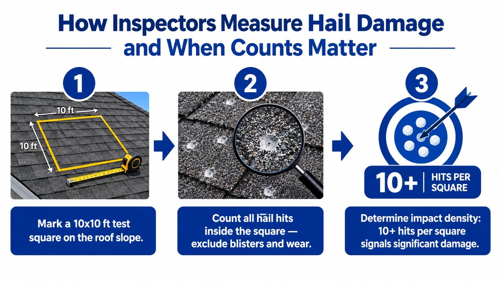 A three-step infographic explaining how roof inspectors count hail hits within a 10x10 foot square area.