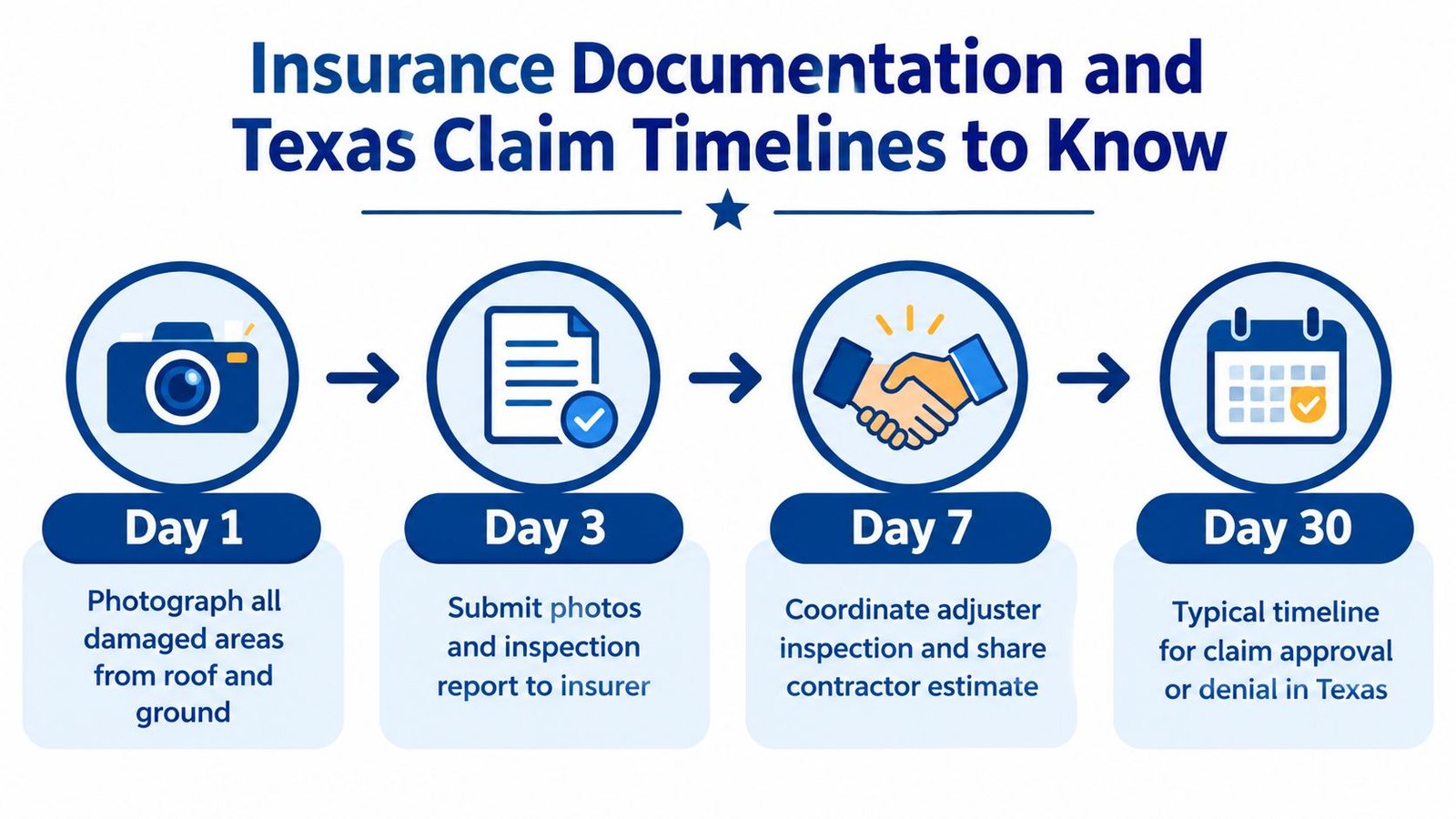 A timeline graphic illustrating the insurance claims process in Texas from day 1 to day 30.