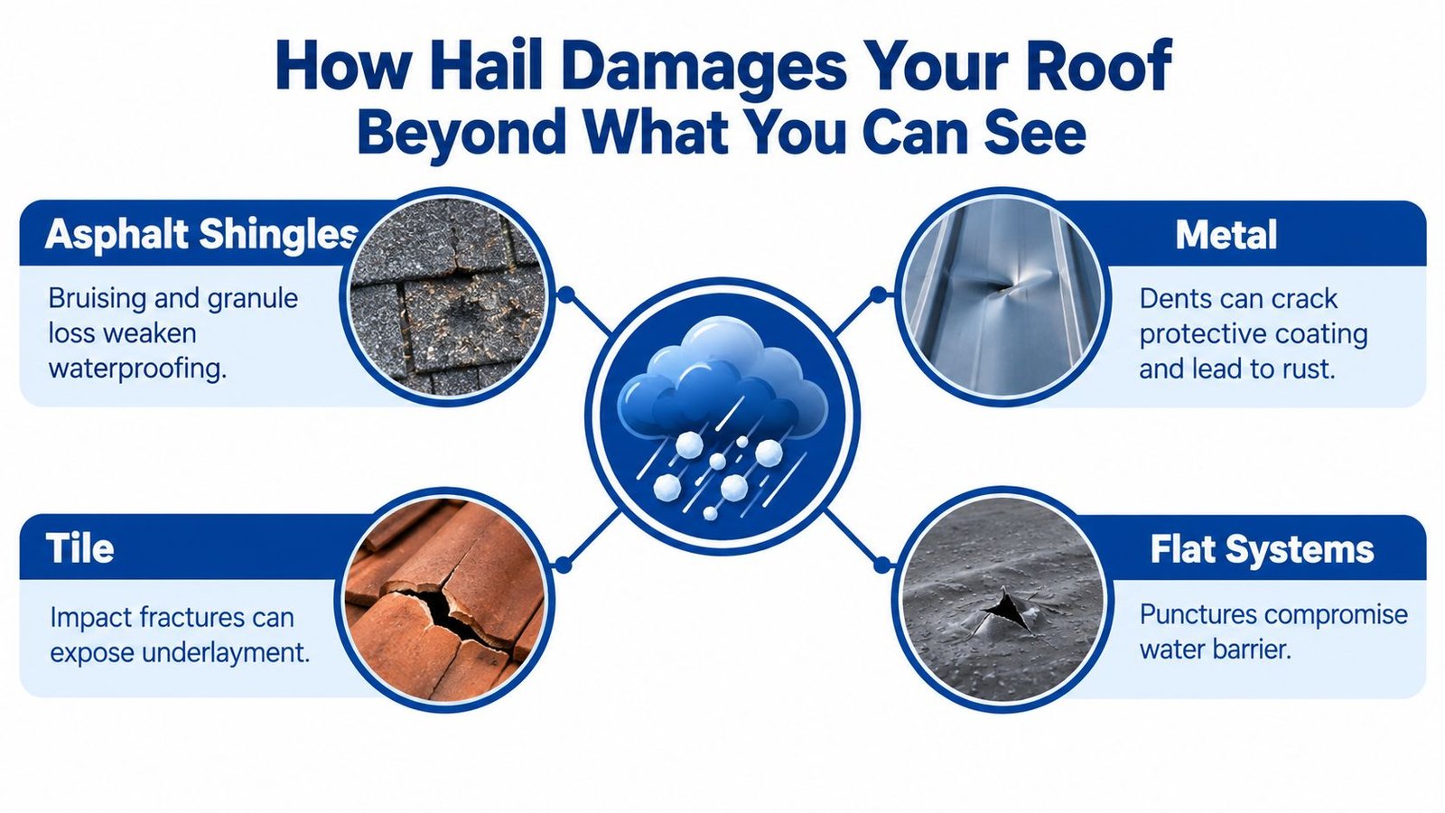 An infographic showing how hail causes various types of structural damage to different roof roofing materials.