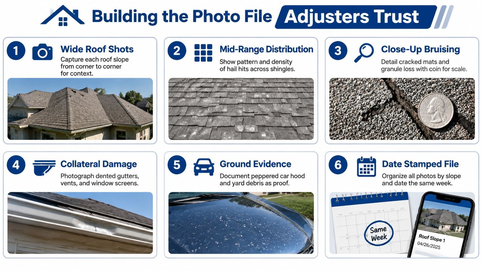 A six-step infographic demonstrating how to document hail damage on roofs for insurance claim purposes.