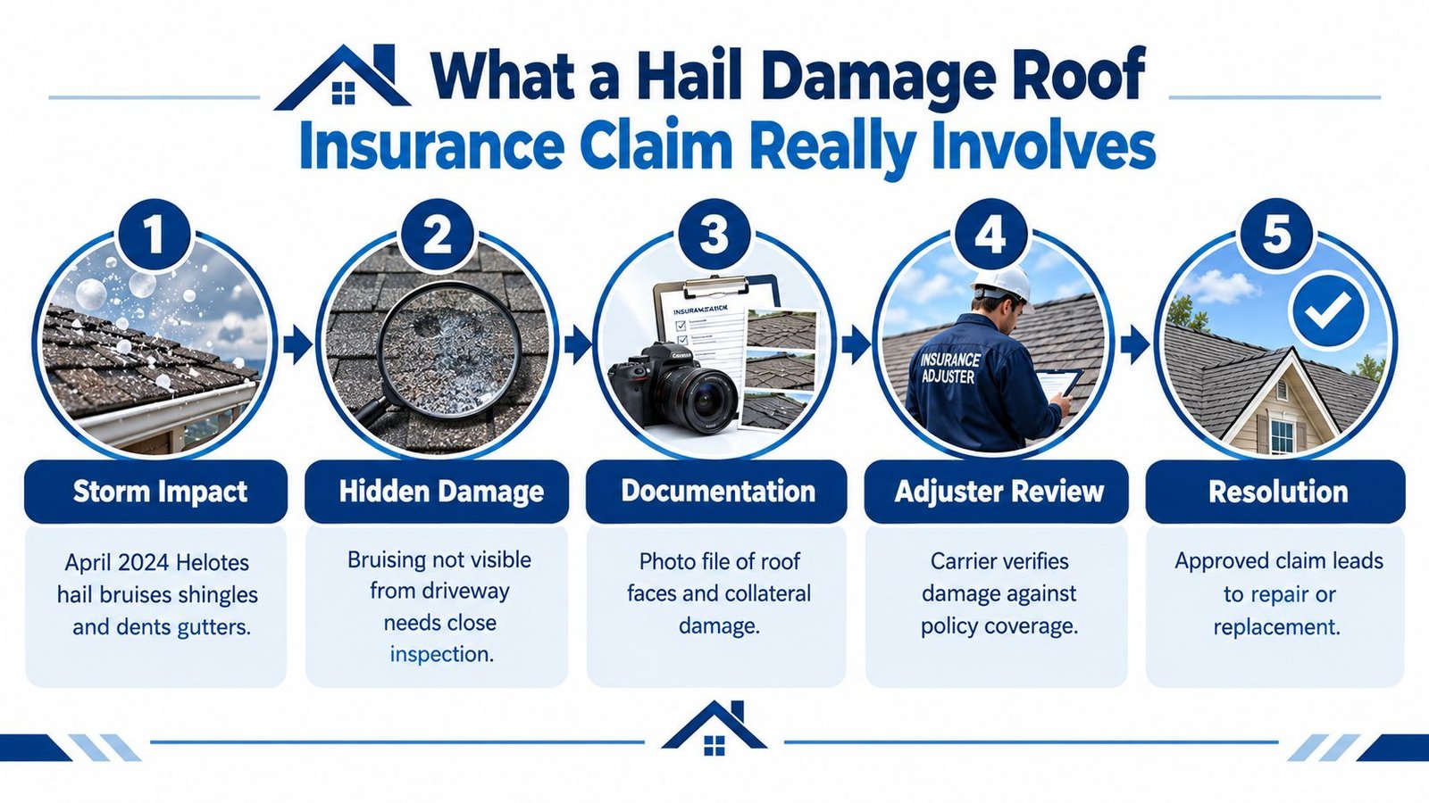 A five-step infographic illustrating the process of filing a hail damage roof insurance claim for homeowners.