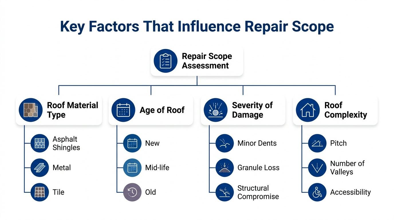 An infographic showing four key factors that influence roof repair assessment: material, age, damage, and complexity.