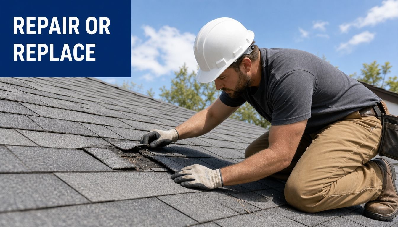 A professional construction worker inspecting damaged asphalt roof shingles while wearing a white safety hard hat.