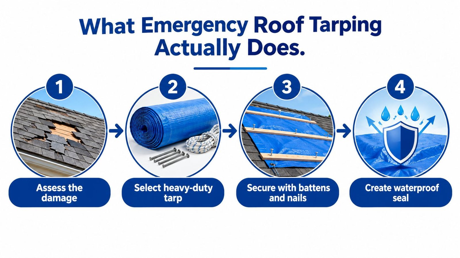 A four-step infographic illustrating the professional emergency roof tarping process for damaged home roofs.