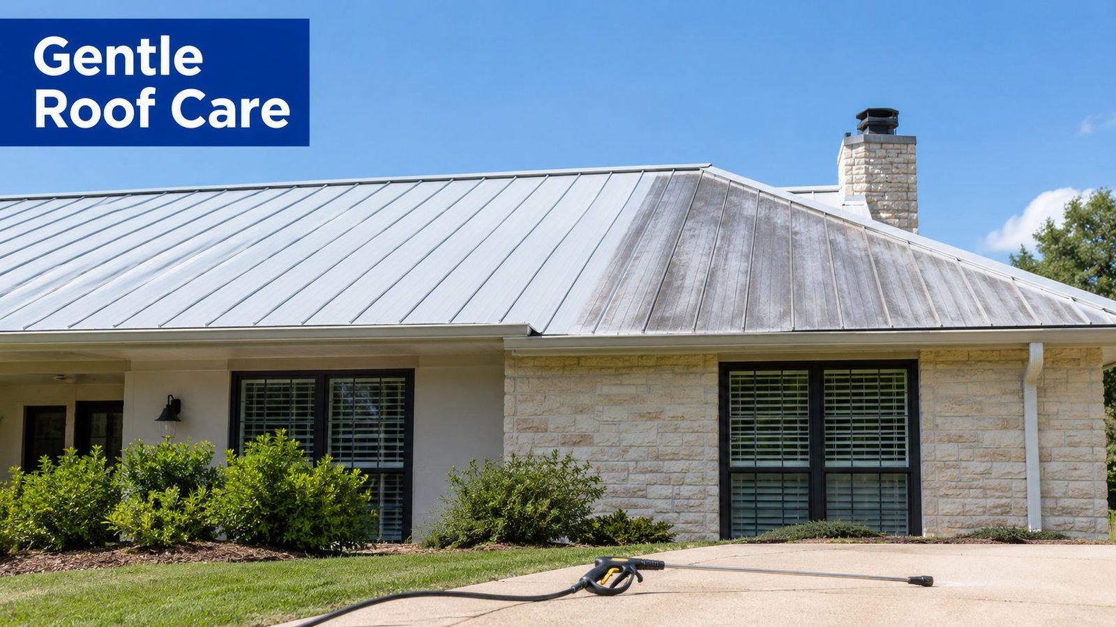 A house roof partially cleaned, showing the contrast between the dirty and clean metal roof panels.