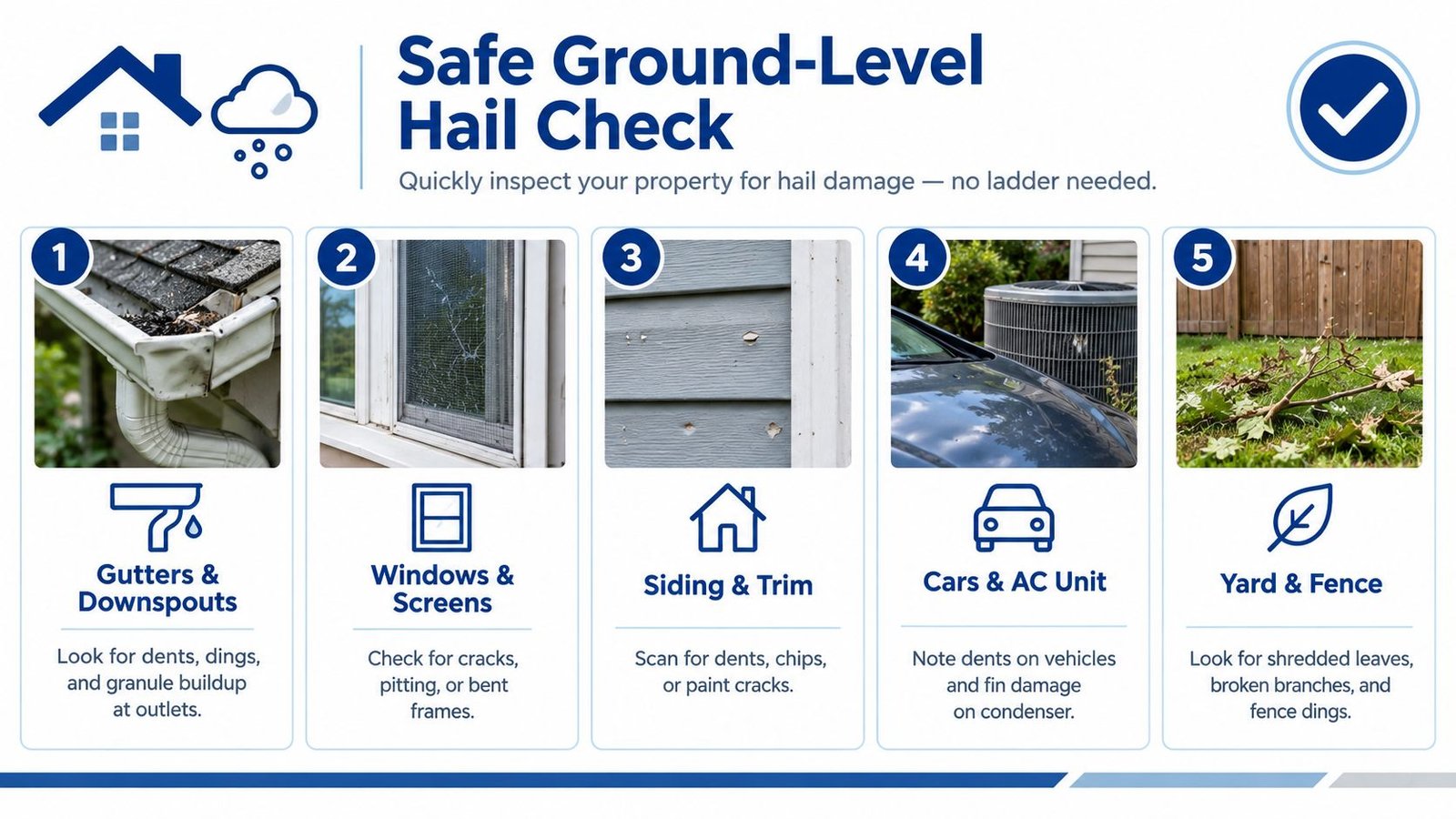 An infographic detailing five ground-level steps to safely inspect your property for potential hail damage.