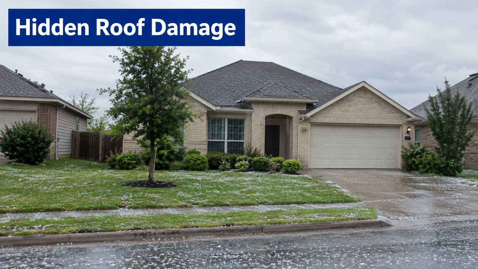 A suburban house with a yard covered in hailstones, highlighting the risk of hidden roof damage.