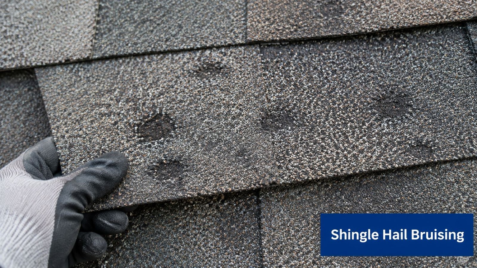 A gloved hand inspecting circular indentations and granule loss on asphalt roof shingles caused by hail damage.