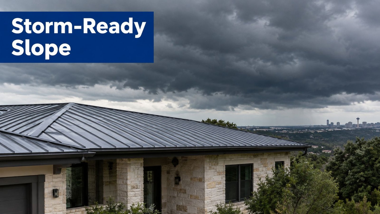A house with a modern metal roof under a dark and stormy sky with city skyline in distance.