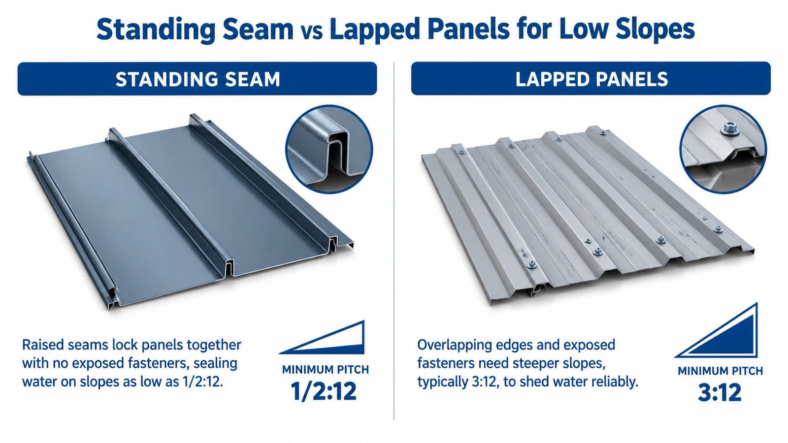A comparison graphic showing the difference between standing seam and lapped metal roof panels for low slopes.