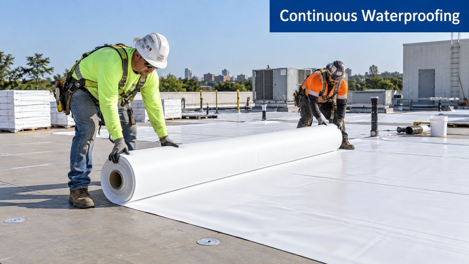 Two construction workers in safety gear installing a large roll of white membrane roofing material on a rooftop.