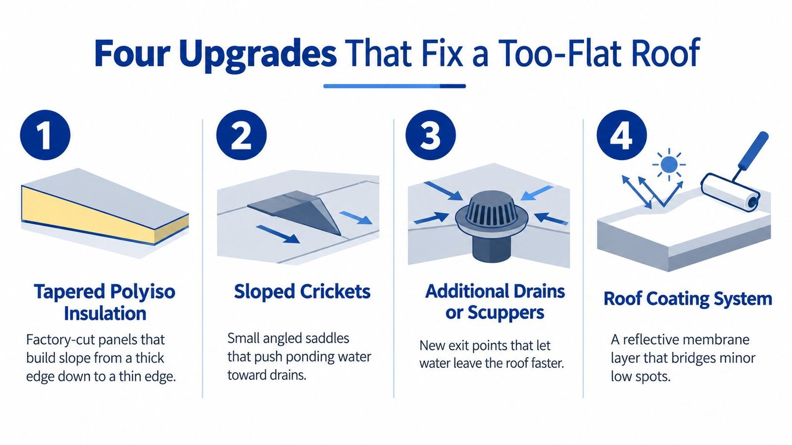 A diagram illustrating four professional roofing upgrades designed to correct a roof that is too flat.
