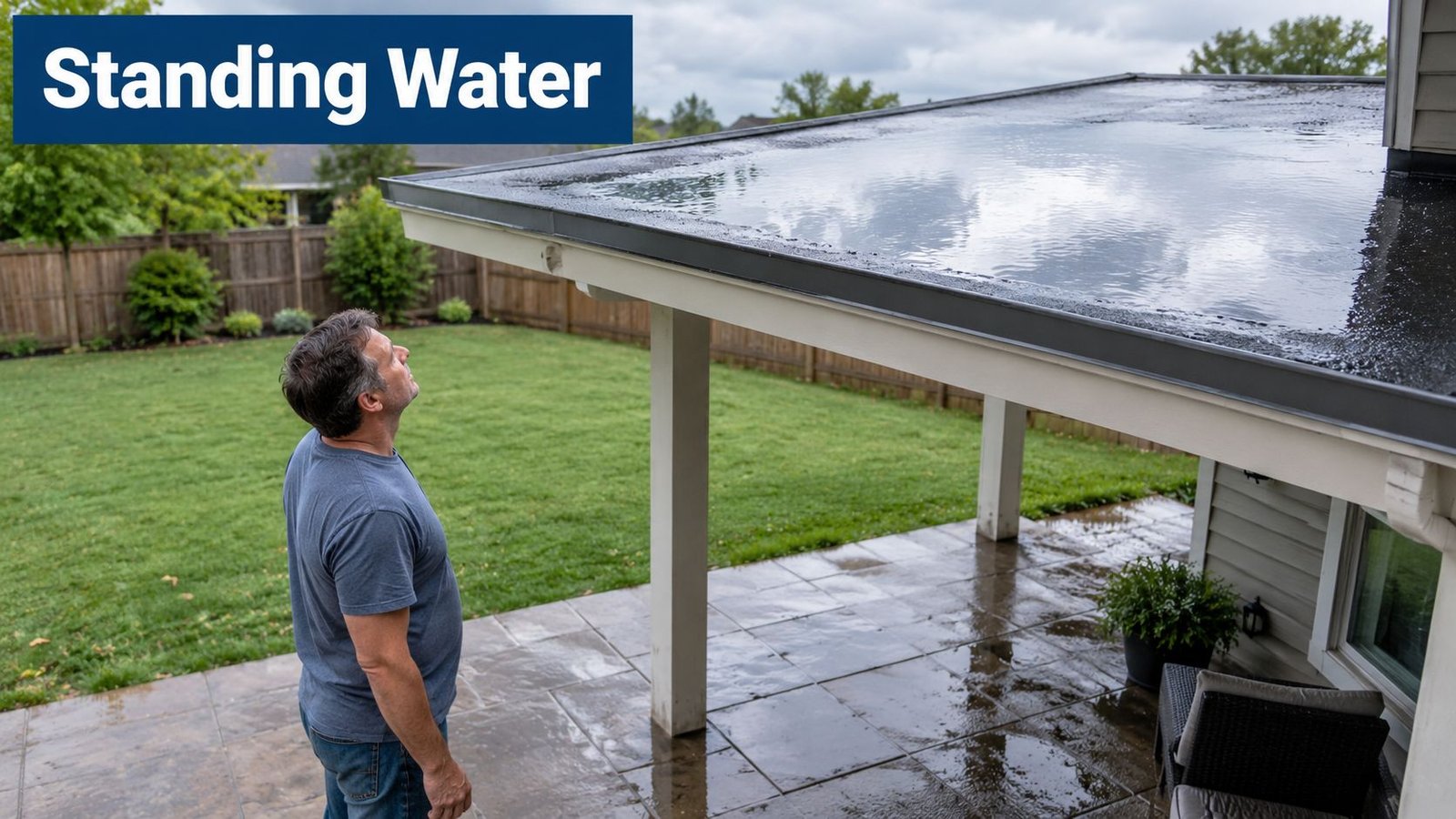A man looks up at a flat roof with standing water accumulating on its surface.