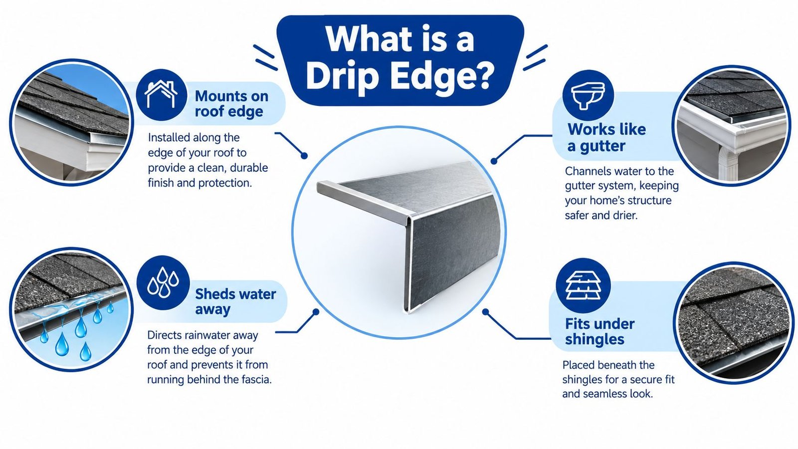 An infographic explaining that a roof drip edge is a metal strip installed under shingles to shed water.