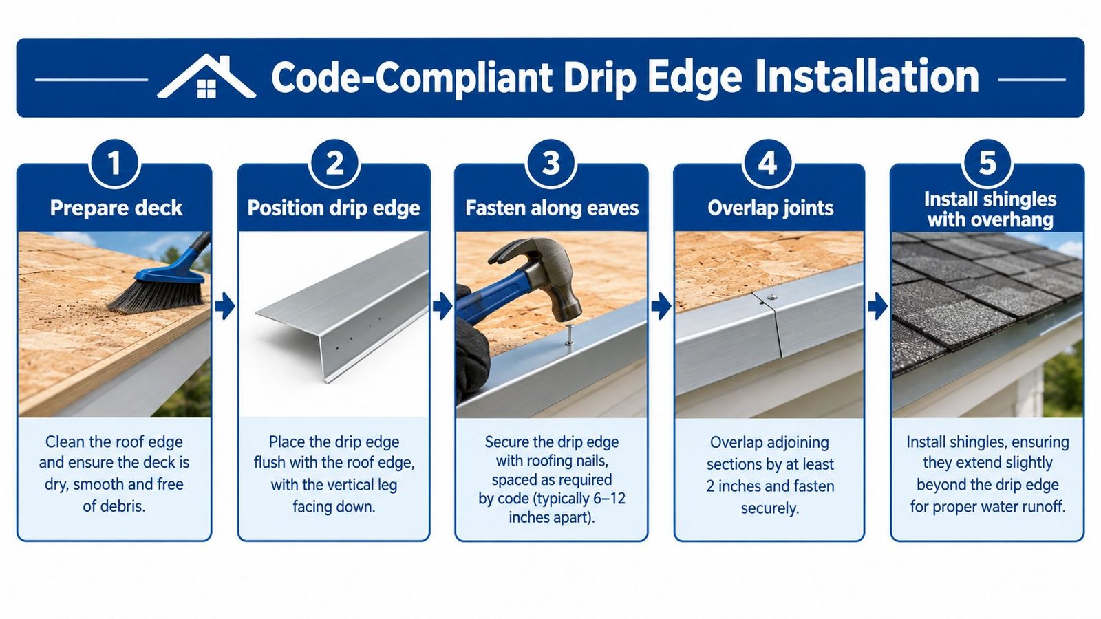 A five-step guide illustration showing the proper installation process for code-compliant roof drip edge flashing.