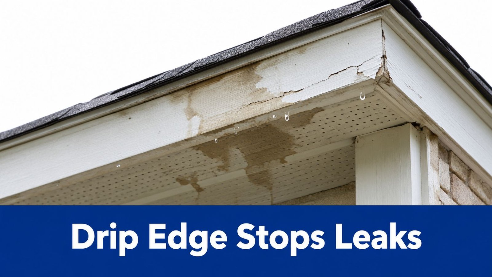 A close-up view of a damaged roof fascia board with water stains and active leaks dripping down.