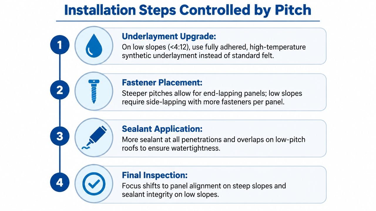 A four-step infographic illustrating how roof pitch influences installation requirements for steel roofing projects.