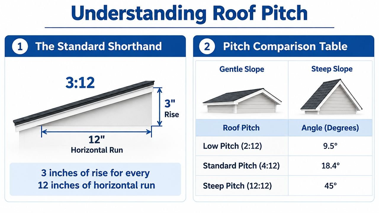 A diagram explaining roof pitch using a 3:12 ratio and a comparison table of slopes.