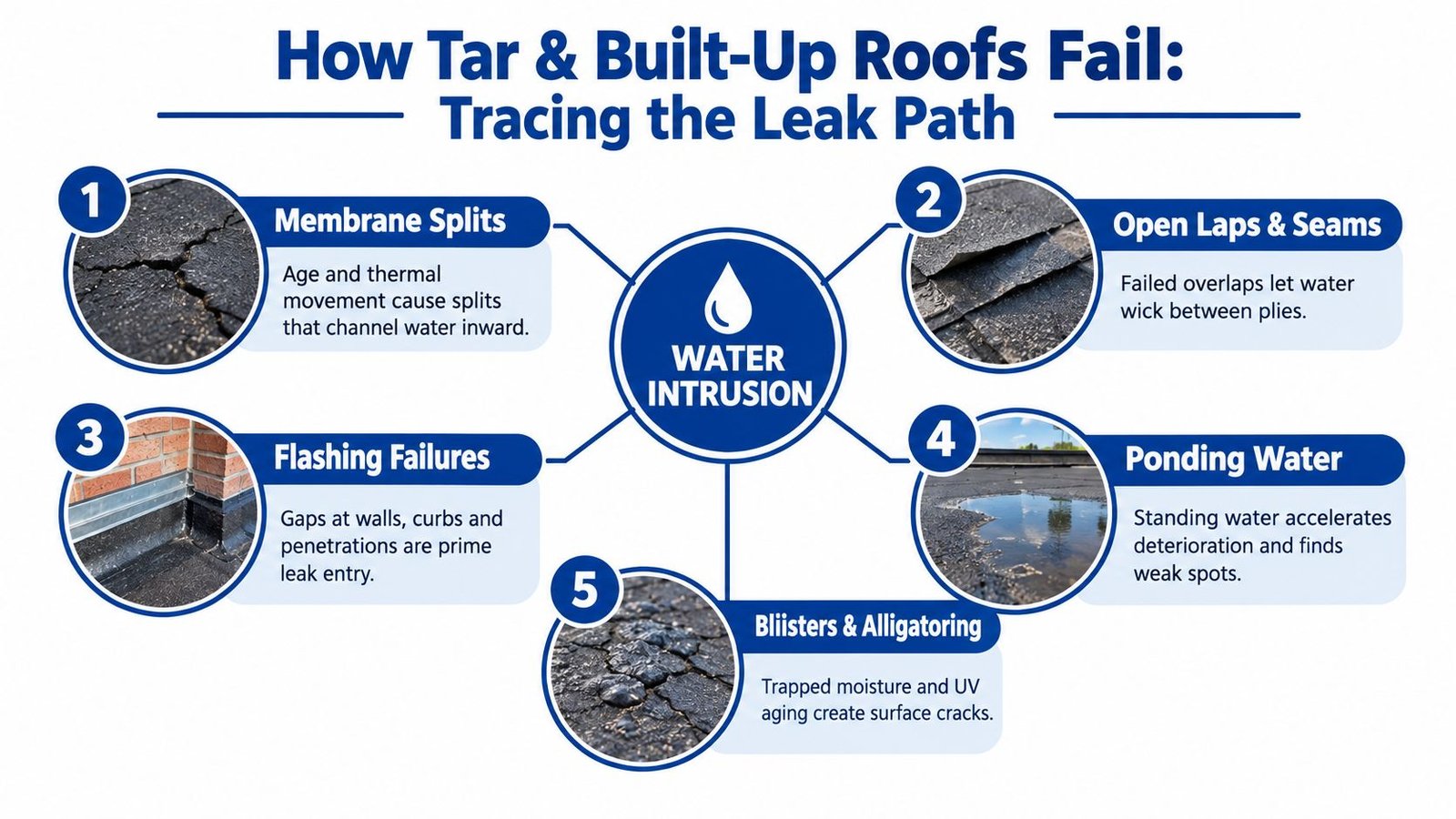 An infographic illustrating five common causes of water intrusion in tar and built-up roofing systems.