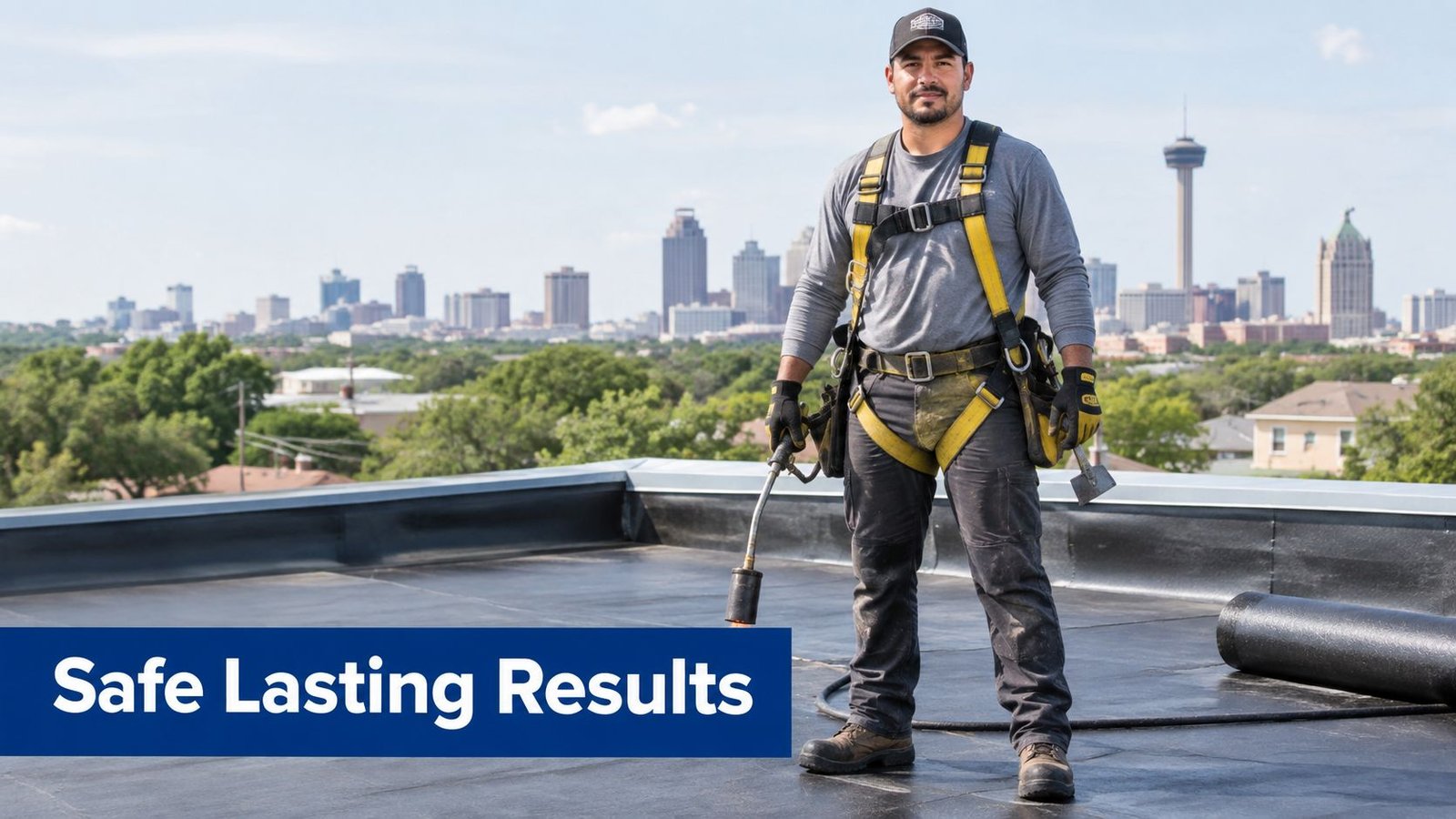 A professional roofer stands on a flat rooftop with construction tools, showcasing safe and lasting results.