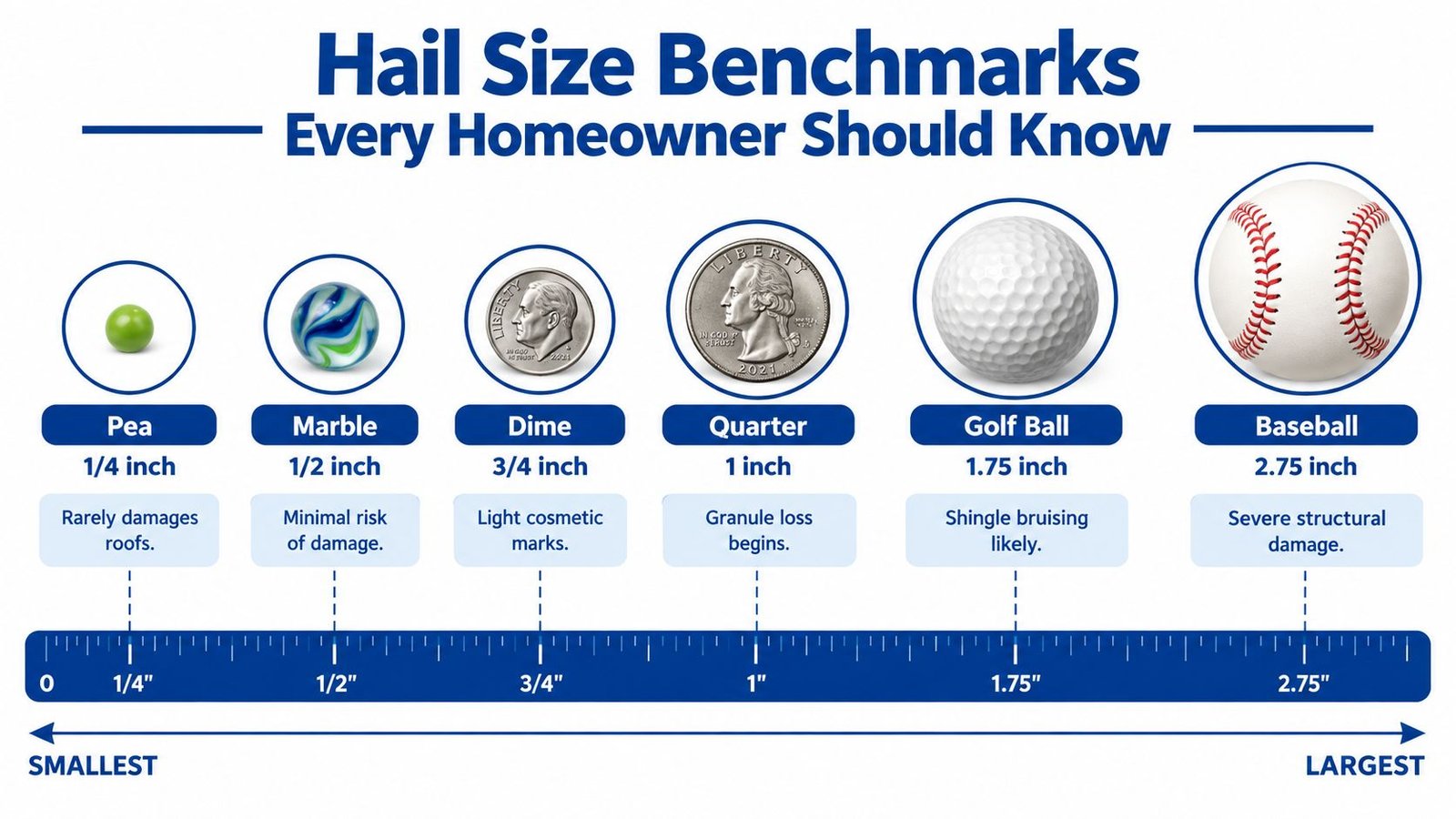 A visual guide comparing various hail sizes to common household objects and their potential for roof damage.