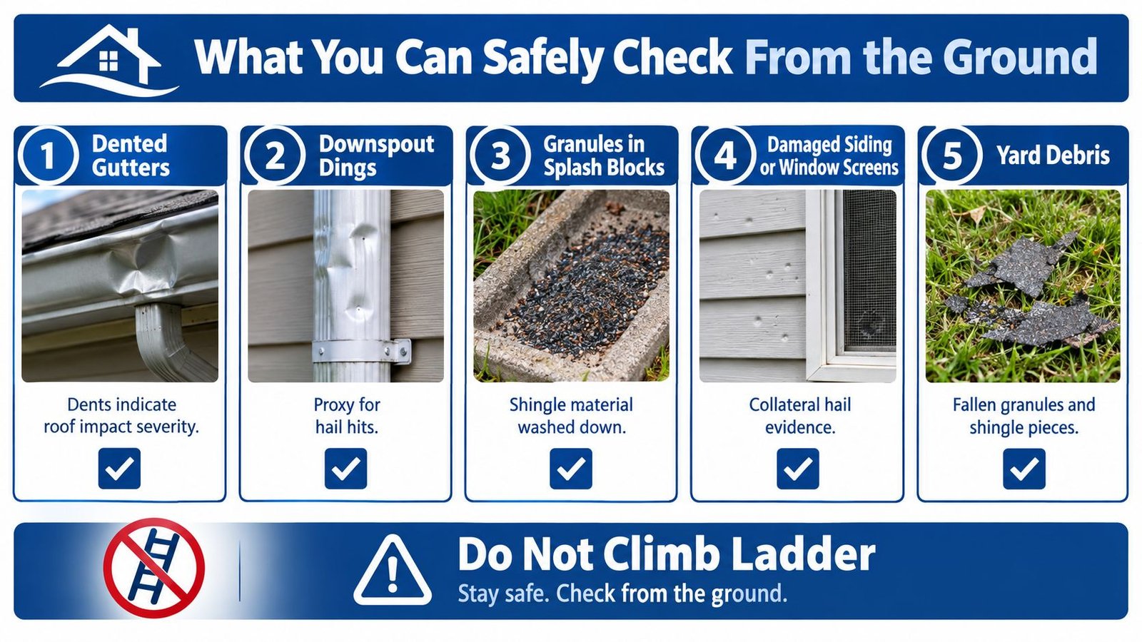 A safety infographic illustrating five signs of hail damage to a home visible from the ground.