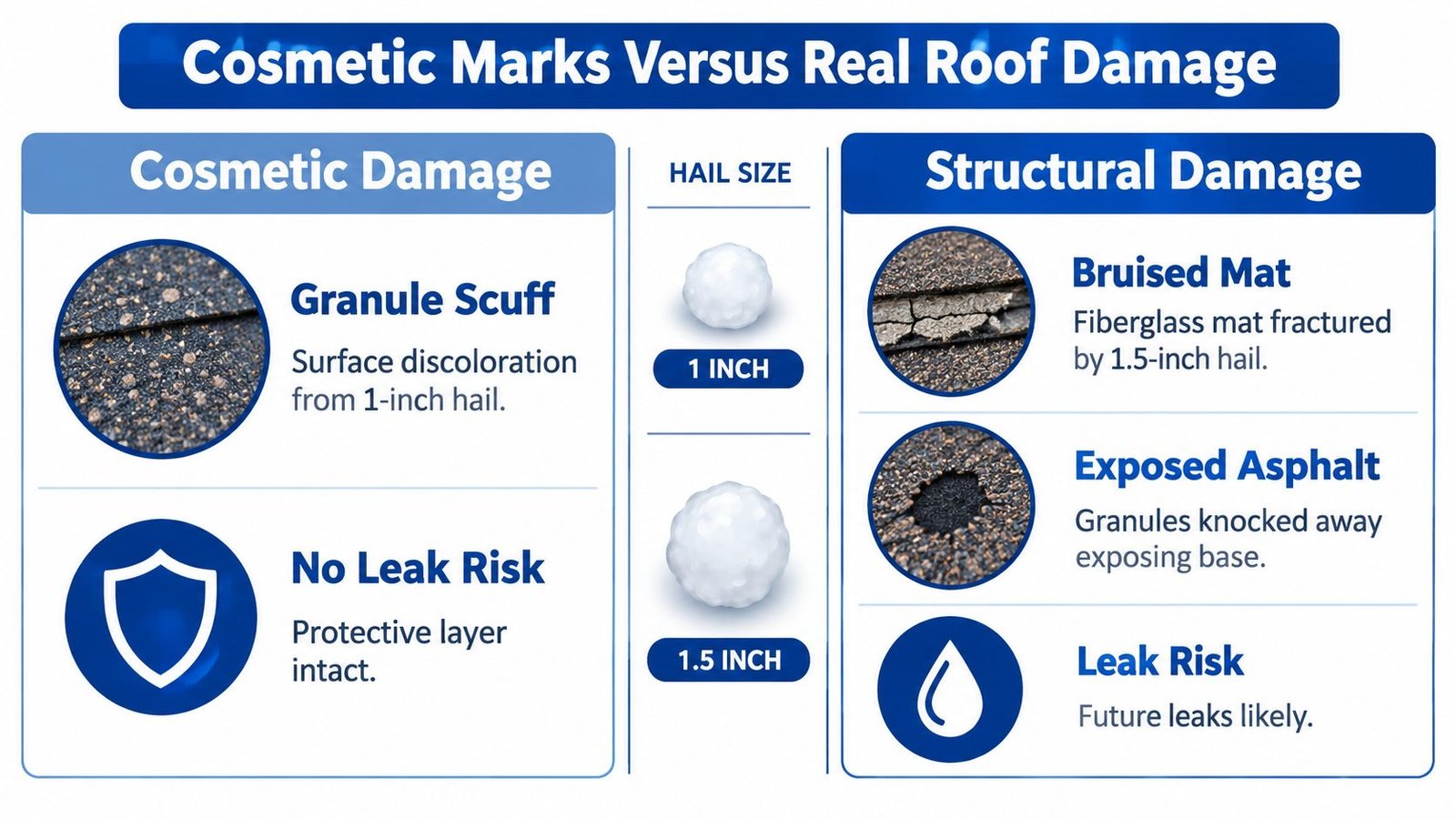 A comparison chart showing how different hail sizes cause either cosmetic roof marks or structural roof damage.