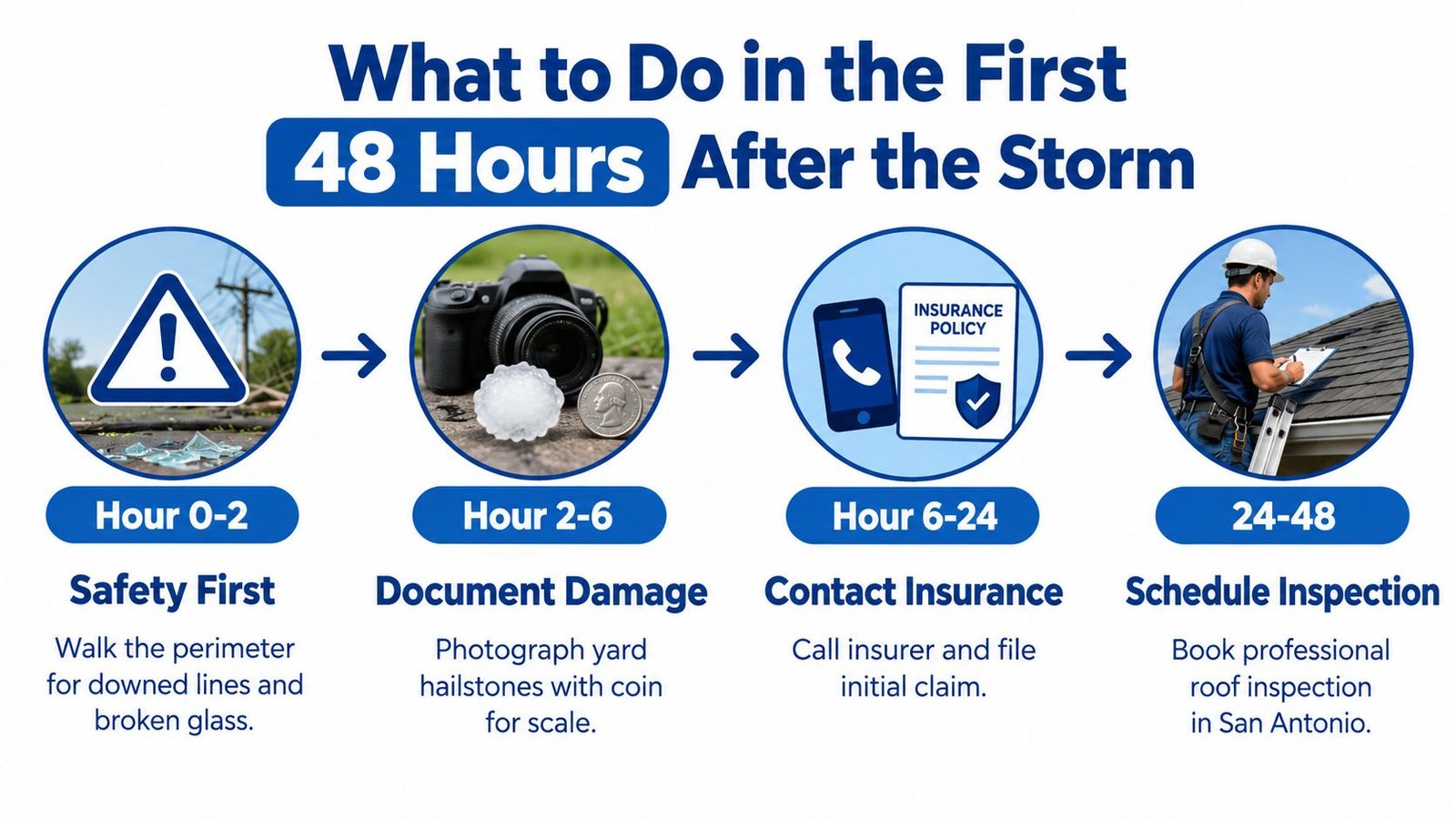 An infographic outlining safety and recovery steps to take within 48 hours following a severe storm.