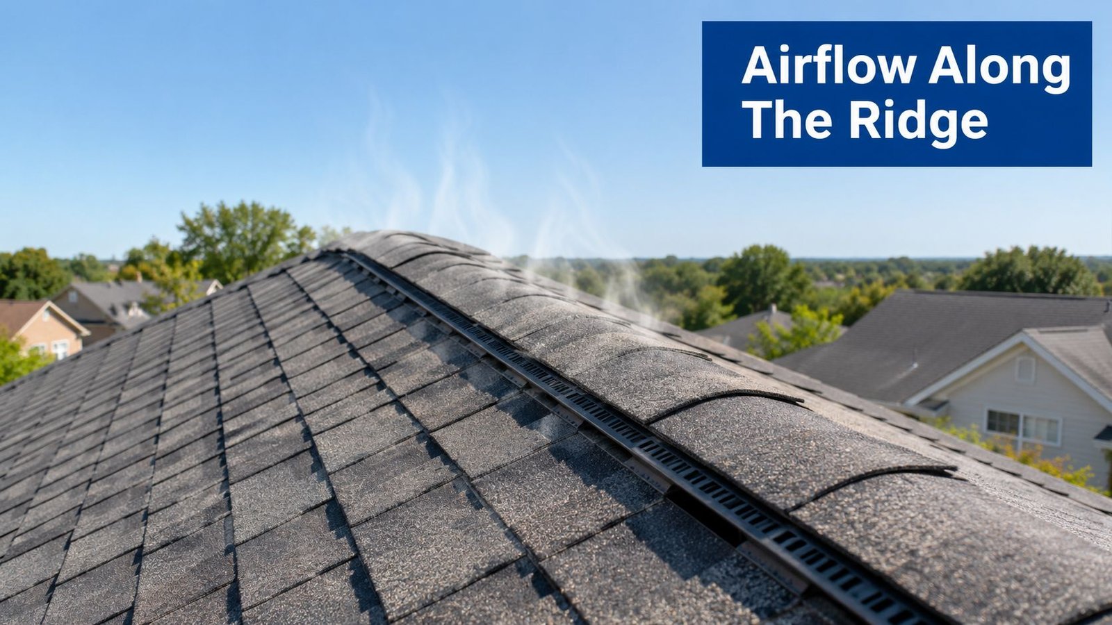 A close-up view of a shingled residential roof featuring a ridge vent allowing airflow.